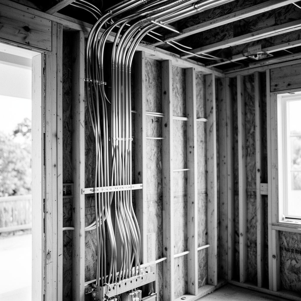 Copper electrical wiring installed inside a modern open-stud California house frame